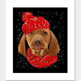 Vizsla Wearing Red Hat And Scarf In Snow Christmas Posters and Art